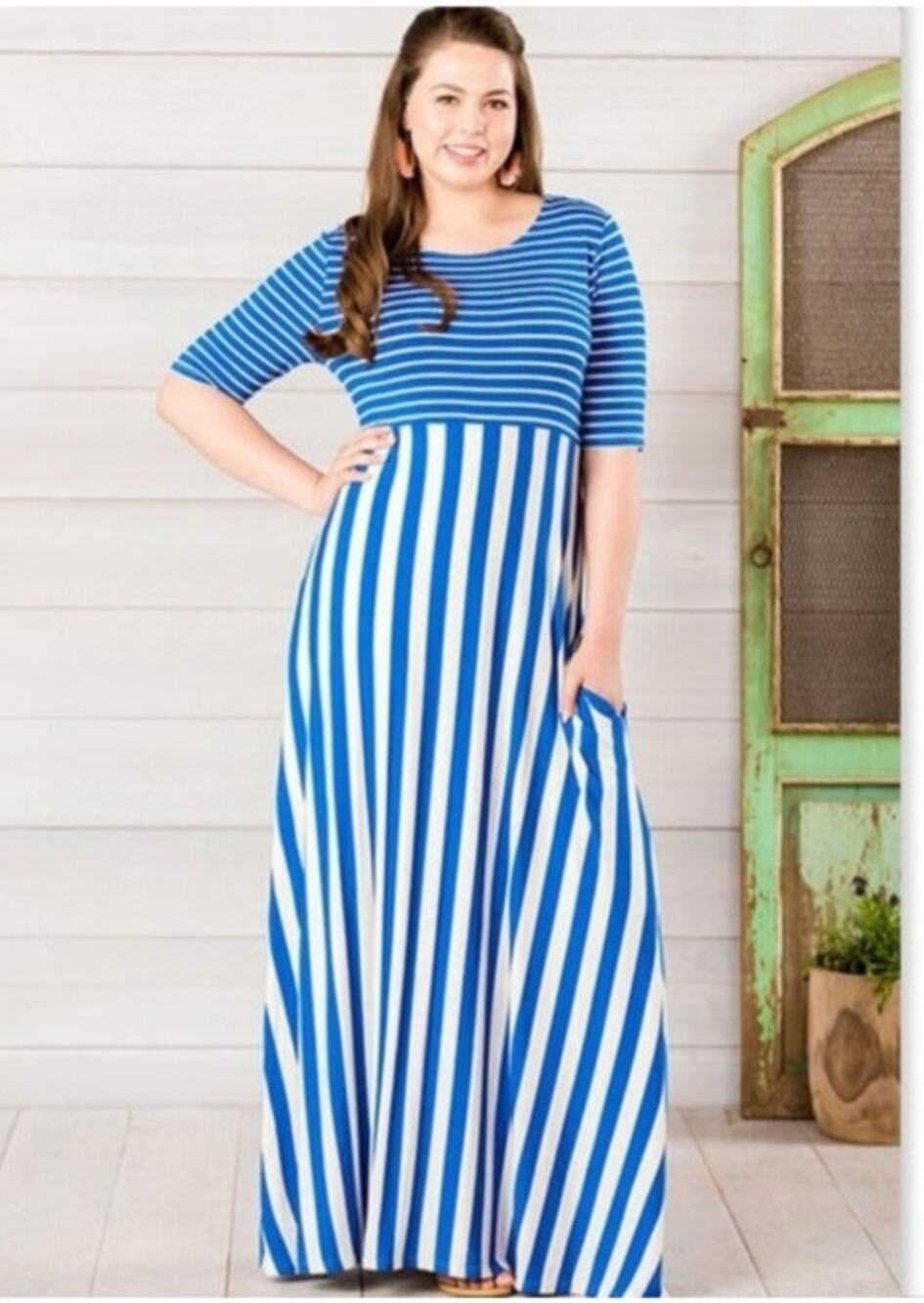 Matilda Jane The Road Ahead Stripe Maxi Dress Blue White Pockets Sz M